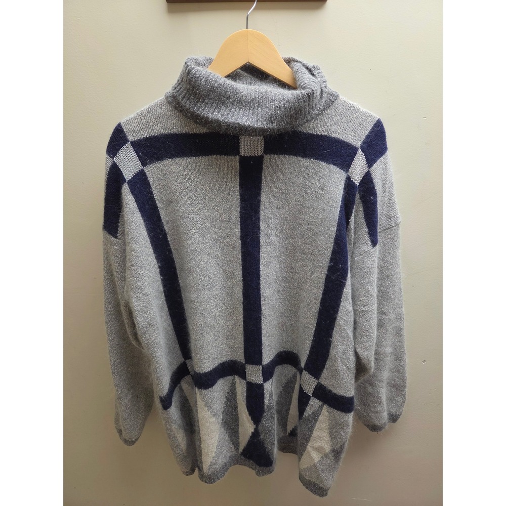Segue Vintage Silk Angora Wool Turtleneck Sweater Grey Navy Metallic Knit 14/16‎
